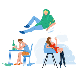 Alcohol, Smoke And Drug People Addiction Vector. Alcoholic Drunk Man, Junkie Addict And Smoker Woman Unhealthy Addiction. Characters Smoking, Narcotic And Alcoholism Problems Flat Cartoon Illustration