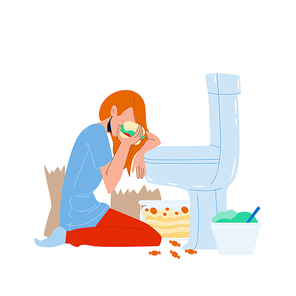 Woman Nutrition Disorder Bulimia Problem Vector. Young Sad And Depressed Bulimic Girl Feeling Sick Bulimia Guilty Sitting On Floor Leaning On Toilet Eating Burger. Character Flat Cartoon Illustration