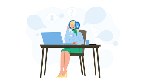 Call Center Dispatcher Working At Table Vector. Young Woman Dispatcher With Headphones Device Work At Office Computer. Character Operator Dispatch Terminal Worker Flat Cartoon Illustration