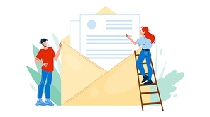 People Opening And Reading Email Message Vector. Young Man And Woman Open And Read Electronic Mail Message. Characters With Letter Social Internet Communication Flat Cartoon Illustration