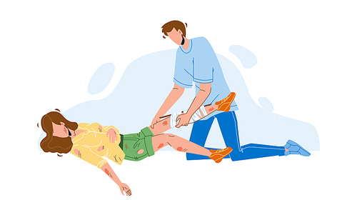 Man Providing First Aid Injured Young Girl Vector. Boy Provide First Aid Bandaging Woman Broken Leg Trauma Before Ambulance Arrive. Characters Emergency Rescue Flat Cartoon Illustration