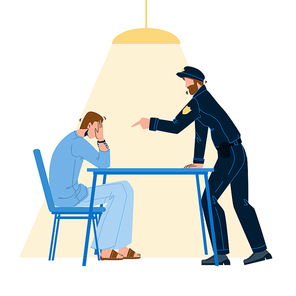 Policeman Interrogation Criminal Prisoner Vector. Detective Police Man And Bandit With Handcuffs In Interrogation Room Interviewing After Committed Crime. Characters Flat Cartoon Illustration