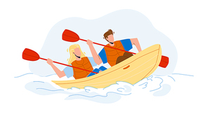 Kayak Travelling Couple People Together Vector. Young Man And Woman Sportsmen With Paddles In Kayak On River. Characters Kayaking Active Extremal Sport Time Flat Cartoon Illustration
