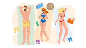 People Lying On Beach Relax And Sunbathing Vector. Young Man And Girls Lying On Beach Suntanning And Relaxing Sun Rays. Characters Summertime Leisure Vacation Flat Cartoon Illustration