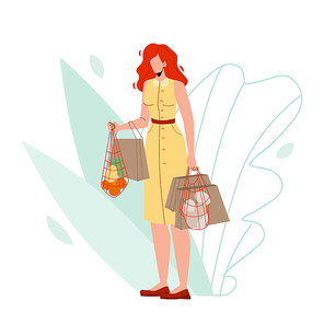 Woman Holding Recycling Shopping Packages Vector. Young Girl Hold Recycling Shopping Cotton Mesh And Paper Eco Bags With Grocery Products. Character Customer Client Flat Cartoon Illustration