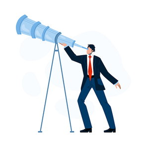 Visionary Businessman Looking Into Spyglass Vector. Visionary Man Watching In Telescope. Character Guy Manager Leadership Business Vision, Recruitment Employee Flat Cartoon Illustration