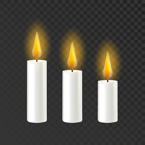 Candle Burning Flame Different Size Set Vector. Burn Lighting Candle Melt Collection. Celebration Ceremony Decorative Wax Paraffin Object Candlelight Template Realistic 3d Illustrations