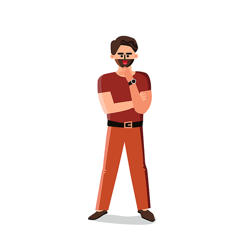 Charisma Man Posing And Touching Beard Vector. Happy And Smiling Bearded Young Guy Businessman. Elegant Character Boy With Compelling Attractiveness Or Charm Flat Cartoon Illustration