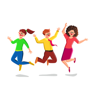 Businessman And Businesswoman Employees Joy Vector. Happy Young Man And Woman Employees Enjoyment Together. Characters Colleagues Dancing And Jumping Funny Time Flat Cartoon Illustration