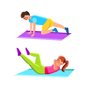 Home Exercise Sport Doing Man And Woman Vector. Young Boy And Girl Exercising Health And Body Care Sportive Exercise. Characters Healthy And Fitness Lifestyle Flat Cartoon Illustration
