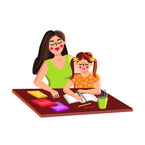 Mother Helping Daughter Kid With Homework Vector. Woman Assisting Child Girl Writing Homework Education. Characters, Pens And Pencils, Books And Notebooks On Table Workplace Flat Cartoon Illustration