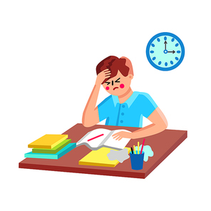 Homework Doing Confused Schoolboy Education Vector. Frustrated Boy Do School Homework. Bored And Tired Character Pupil Learning Studying Schoolwork With Problem Flat Cartoon Illustration