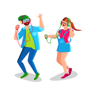 Boy And Girl Listening Music And Dancing Vector. Young Man And Woman Holding Player And Wearing Headphones Listen Music And Dance. Characters Funny Leisure Time Flat Cartoon Illustration