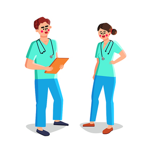 Nurse Man And Woman Medical Workers Talking Vector. Nurse Young Boy Holding Patient Medical Card And Stethoscope Speaking With Girl. Characters Hospital Employees Flat Cartoon Illustration