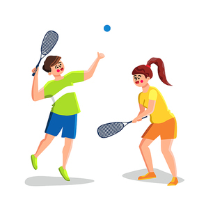 Squash Game Playing Young Man And Woman Vector. Athlete Boy And Girl With Racket And Ball Play Squash. Characters Players Together Sport Active Time Competition Flat Cartoon Illustration