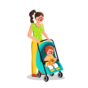 Woman Carrying Small Child In Stroller Baby Vector. Girl Young Mother Carry Little Kid In Stroller Baby. Characters Mom Walking With Boy In Carriage Together Flat Cartoon Illustration