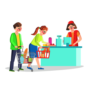 Supermarket Clients People Near Cash Desk Vector. Customers Buying And Paying For Grocery Products To Cashier In Supermarket. Characters Buyers Shopping Store Flat Cartoon Illustration