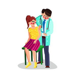 Doctor Doing Vaccine Syringe To Patient Vector. Nurse Man Make Vaccine Young Woman In Hospital Cabinet. Characters Medical Treatment Vaccination Injection, Health Care Flat Cartoon Illustration