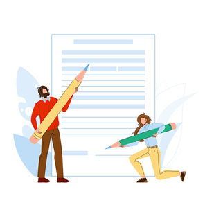 Application Form Filling People With Pencil Vector. Young Man And Woman Fill Application Form Document Page. Characters Businesspeople Writing Information In Agreement Flat Cartoon Illustration