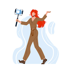 viogger woman recording video with camera vector. young girl blogger holding digital gadget and record social media content. character streaming and filming flat cartoon illustration