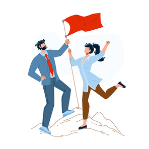 Man And Woman Couple Conquer Mountain Peak Vector. Businessman And Businesswoman Conquer Mount And Installation Flag. Character Businesspeople Leadership Career Flat Cartoon Illustration