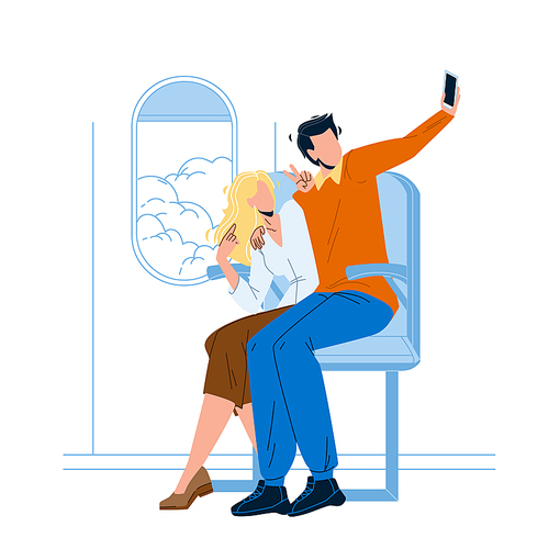 Couple Make Flight Selfie On Phone Camera Vector. Young Man And Woman Sitting In Airplane Making Selfie On Smartphone. Characters Travellers Photographing Flat Cartoon Illustration