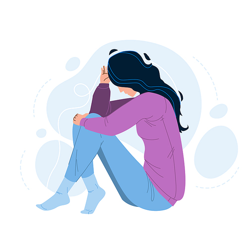 Loneliness Unhappy Woman Sitting On Floor Vector. Loneliness Sad Young Girl Touching Hair. Character Lady Psychological And Mental Troubles, Suffering From Bad Relationship Flat Cartoon Illustration