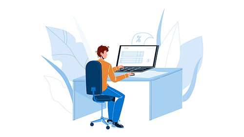 Man Filling Online Tax Form On Computer Vector. Businessman Fill Online Tax Information Electronic Financial Document. Character Working Economic Finance Report Flat Cartoon Illustration