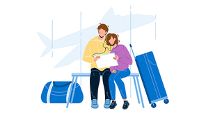 Couple Waiting Flight In Airport Terminal Vector. Young Man And Woman Watching Video On Laptop With Baggage Luggage Wait Flight Transportation. Characters Flat Cartoon Illustration