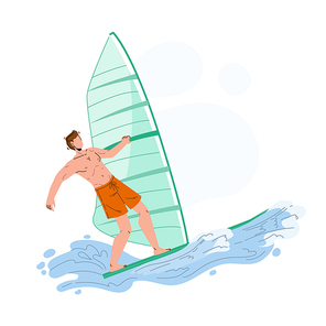 Windsurfing Man Surfer Athlete On Wavy Sea Vector. Sportsman Windsurfing On Wave Ocean Water. Character Young Boy Riding Windsurf Active Sportlife Time Lifestyle Flat Cartoon Illustration