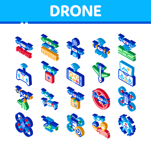Drone Fly Quadrocopter Icons Set Vector. Isometric Drone Remote Control And Smartphone Application, Helicopter And Air Plane Illustrations
