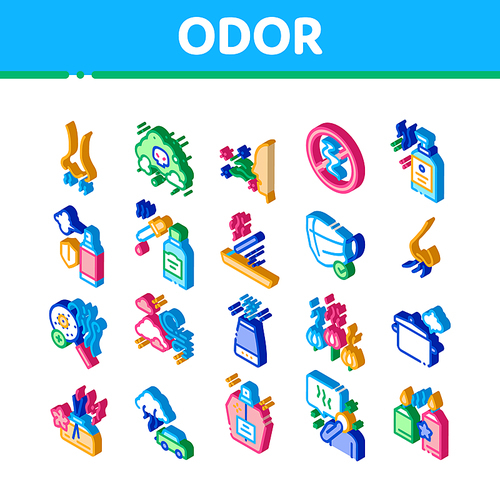 Odor Aroma And Smell Icons Set Vector. Isometric Nose Breathing Aromatic Odor And Clean Air, Perfume And Oil Bottle, Facial Mask And Candle Illustrations
