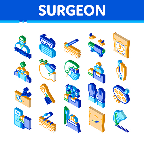 Surgeon Medical Doctor Icons Set Vector. Isometric Surgeon Facial Mask And Glasses, Scalpel And Forceps, Surgical Table And Lamp Illustrations