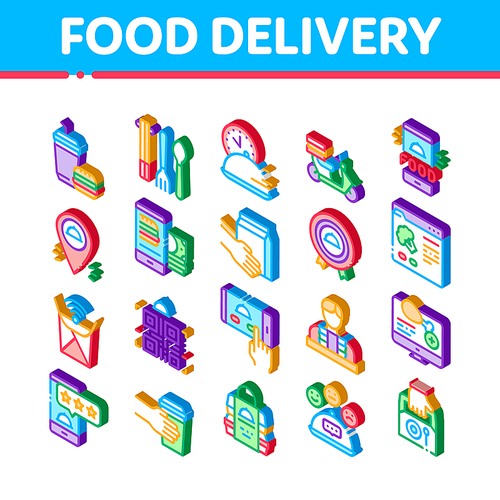 Food Delivery Service Icons Set Vector. Isometric Food Delivery Boy And Motorcycle, Online Order And Phone Application, Utensil And Nutrition Illustrations