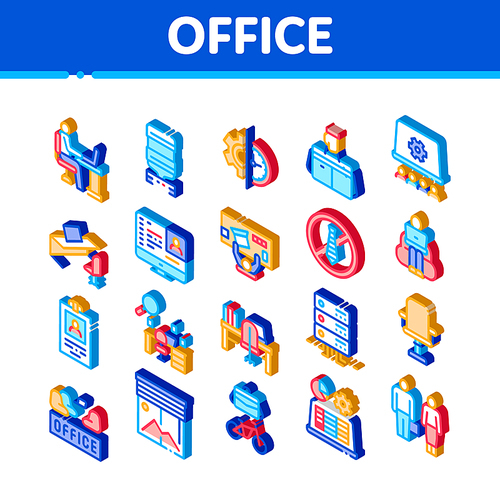Office And Workplace Icons Set Vector. Isometric Office Table And Chair, Badge And Business Case, Water Cooler And Computer Screen Illustrations