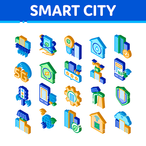 Smart City Technology Icons Set Vector. Isometric Smart City Tool Traffic Lights And Drone Delivery, Solar Battery And Eco Energy Plant Illustrations