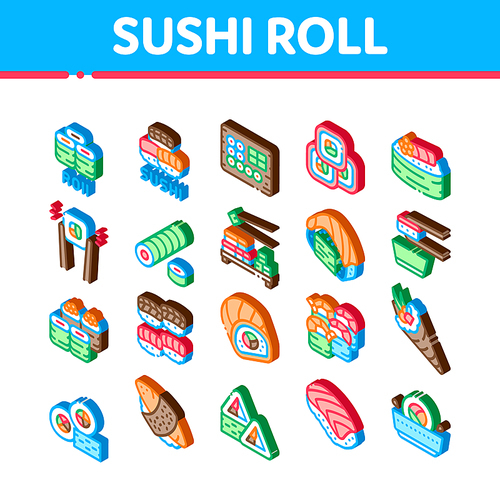 sushi roll asian dish icons set vector. isometric sushi roll set japanese traditional food cooked from 음식 and fish, shrimp and cheese illustrations
