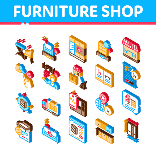 Furniture Shop Market Icons Set Vector. Isometric Furniture Table And Chair For Cafe, Couch And Bed, Internet Store And Catalog Illustrations
