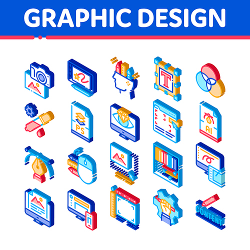 Graphic Design And Creativity Icons Set Vector. Isometric Photo Camera And Tablet For Design, Computer Application For Drawing And Painting Illustrations