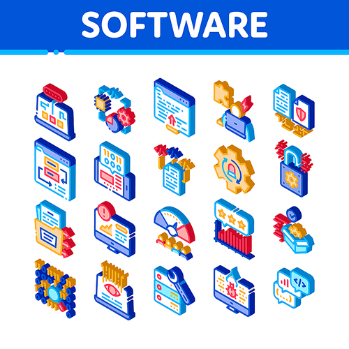 Software Testing And Analysis Icons Set Vector. Isometric Computer Software, Code And Program Test And Research On Bug, Technician Support Illustrations