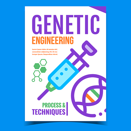 Genetic Engineering Creative Promo Banner Vector. Genetic Process And Techniques, Syringe Tool And Dna Molecule On Advertising Poster. Biotechnology Concept Template Style Color Illustration