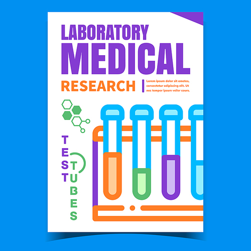 Laboratory Medical Research Promo Banner Vector. Laboratory Medicine Glass Test Tubes On Advertising Poster. Scientist Analyzing Flask Tool Concept Template Style Color Illustration