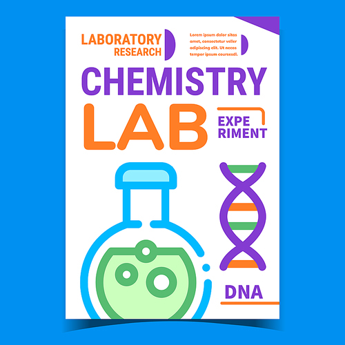 Chemistry Lab Experiment Promotion Poster Vector. Chemistry Research, Laboratory Flask With Chemical Liquid And Dna Spiral Molecule On Advertising Banner. Concept Template Style Color Illustration