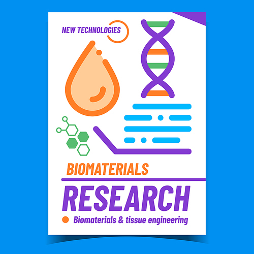 Biomaterials Research Creative Promo Banner Vector. Biomaterials And Tissue Engineering, Molecule And Blood Drop On Advertising Poster. Modern Technologies Concept Template Style Color Illustration