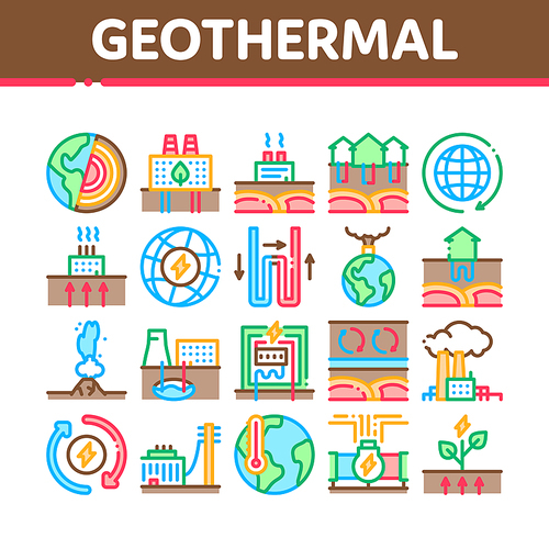 Geothermal Energy Collection Icons Set Vector. Geothermal Electricity Factory And House Heat Equipment, Geyser And Earth Temperature Concept Linear Pictograms. Color Illustrations