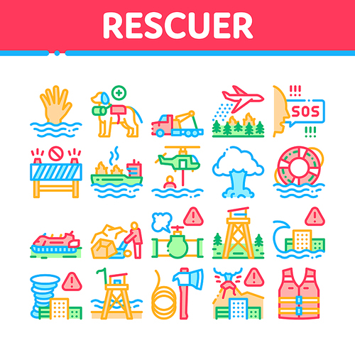 Rescuer Equipment Collection Icons Set Vector. Rescue Dog And Truck, Helicopter And Lifebuoy, Tornado And Tsunami, Ship Fire And Explosion Concept Linear Pictograms. Color Illustrations