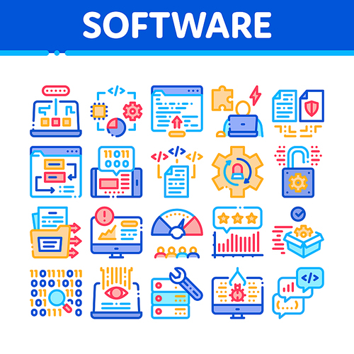 Software Testing And Analysis Icons Set Vector. Computer Software, Code And Program Test And Research On Bug, Technician Support Concept Linear Pictograms. Color Illustrations
