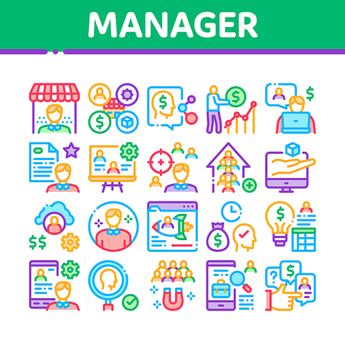 Account Manager Work Collection Icons Set Vector. Manager Businessman Idea For Sale Production And Marketing, Communication And Leadership Concept Linear Pictograms. Color Illustrations