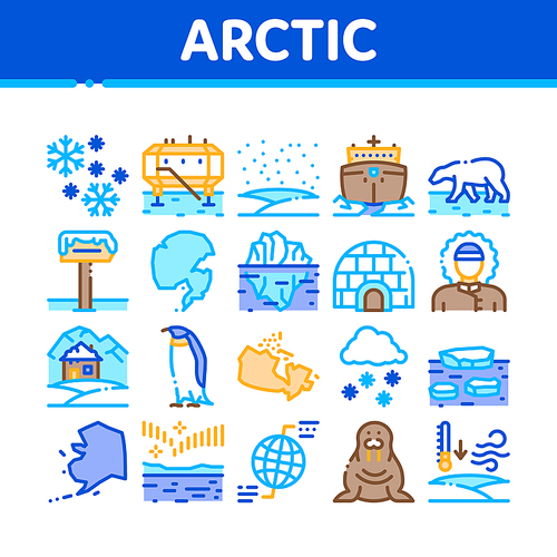 Arctic And Antarctic Collection Icons Set Vector. Arctic Snow And Ice, Iceberg And Bear, Station And Ship, Penguin And Walrus Concept Linear Pictograms. Color Illustrations