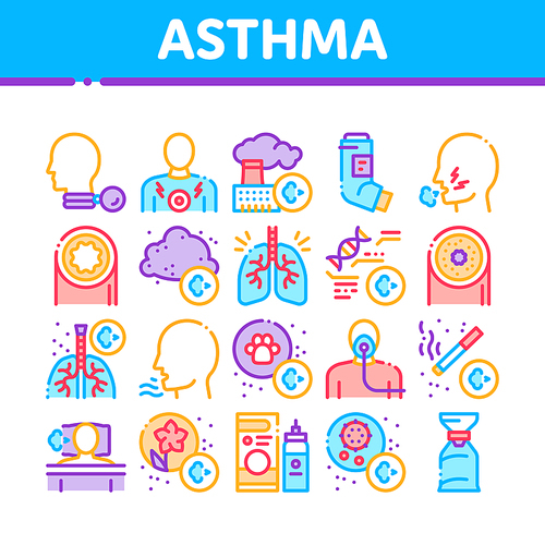 Asthma Sick Allergen Collection Icons Set Vector. Asthma Allergy On Animal And Smoke, Flowers, Factory Smog And Dust, Medical Tool And Lungs Concept Linear Pictograms. Contour Illustrations